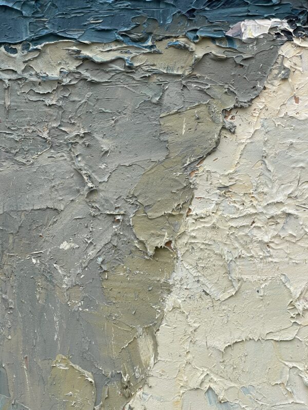 Close-up of abstract oil painting on canvas by Agostino Veroni. Heavy impasto palette knife detail showing sculptural grey, beige, and off-white oil paint textures with a dark blue accent.