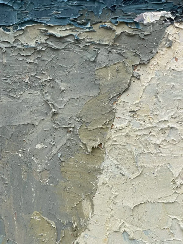 Close-up of abstract oil painting on canvas by Agostino Veroni. Heavy impasto palette knife detail showing sculptural grey, beige, and off-white oil paint textures with a dark blue accent.