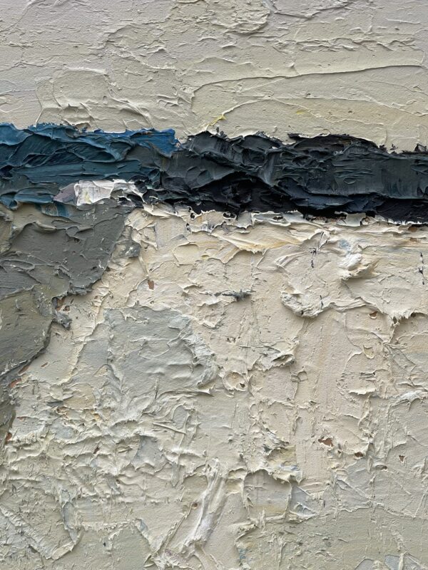 Vertical close-up detail of an abstract oil painting on canvas by Agostino Veroni, focusing on heavy palette knife impasto texture in muted white, grey, beige, and a horizontal deep blue and black band.