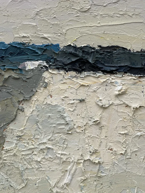 Vertical close-up detail of an abstract oil painting on canvas by Agostino Veroni, focusing on heavy palette knife impasto texture in muted white, grey, beige, and a horizontal deep blue and black band.