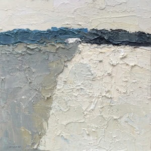 Abstract oil painting on canvas by Agostino Veroni. Modern textured artwork with heavy palette knife impasto, featuring off-white, beige, and grey fields split by a dark blue horizon line.