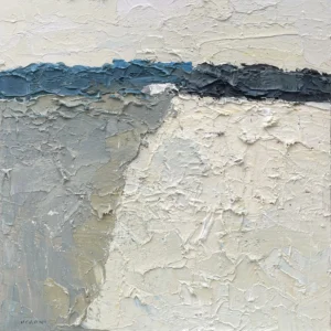 Abstract oil painting on canvas by Agostino Veroni. Modern textured artwork with heavy palette knife impasto, featuring off-white, beige, and grey fields split by a dark blue horizon line.