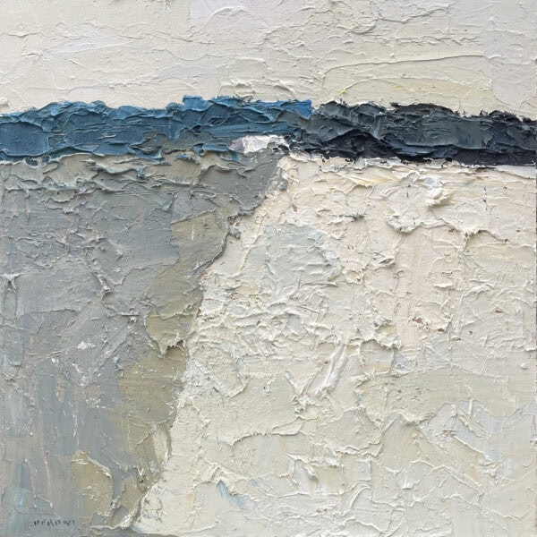 Abstract oil painting on canvas by Agostino Veroni. Modern textured artwork with heavy palette knife impasto, featuring off-white, beige, and grey fields split by a dark blue horizon line.
