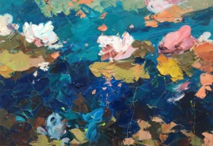 Original water lilies oil painting by Agostino Veroni, featuring textured white and pink lilies floating on a deep blue pond with heavy impasto and vibrant reflections.