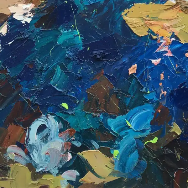 A macro view of the deep blue water surface in an oil painting by Agostino Veroni, focusing on the thick texture and the direction of the palette knife strokes.