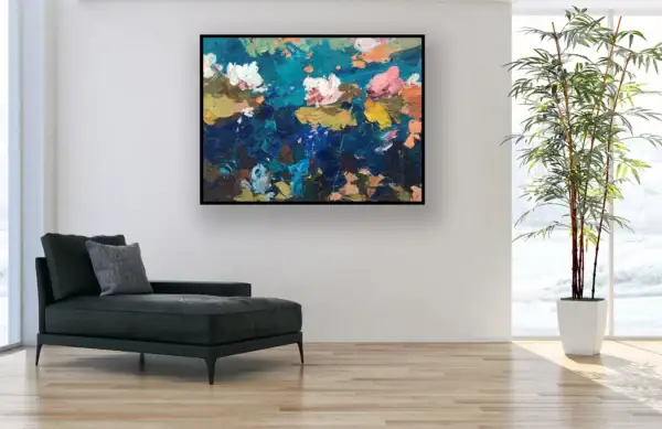 A textured water lilies oil painting by Agostino Veroni showcased in a modern office interior, hanging on a minimalist wall above a black leather sofa.
