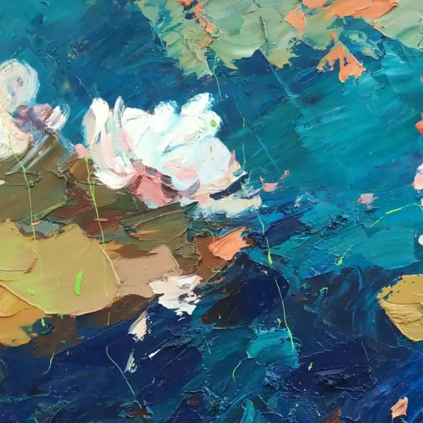 A detailed view of the lower corner of a water lilies painting by Agostino Veroni, showing green and yellow reflections created with a professional palette knife technique.