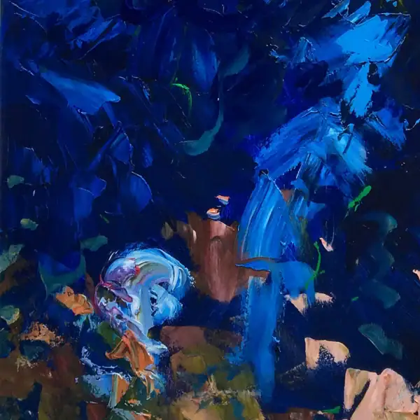 Detailed shot of the lower section of the painting, where thick layers of blue, pink, and earth tones blend to create a vibrant, tactile pond surface.