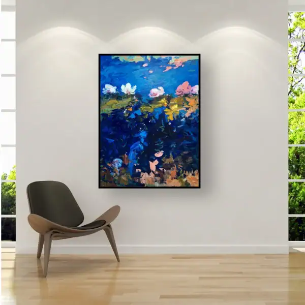 Agostino Veroni's textured water lilies painting displayed on a minimalist white wall next to a modern designer chair, highlighting the vibrant blue tones.