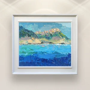 Corniglia village above the sea oil painting on canvas displayed in a bright interior, showing the hillside village and calm Ligurian Sea in layered blue tones.