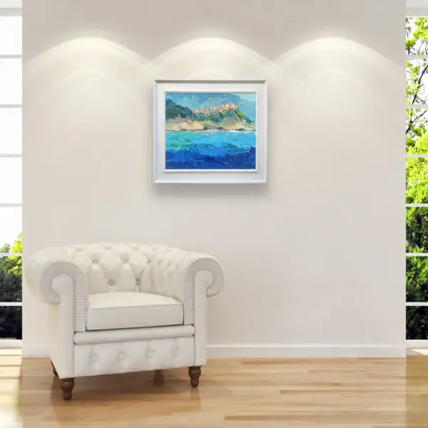 Original Corniglia oil painting displayed in a modern living room interior above a white armchair to show scale and artistic impact.