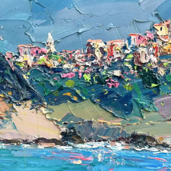 Detailed view of the waves crashing against the Cinque Terre coastline, featuring sculptural oil paint effects by Agostino Veroni.
