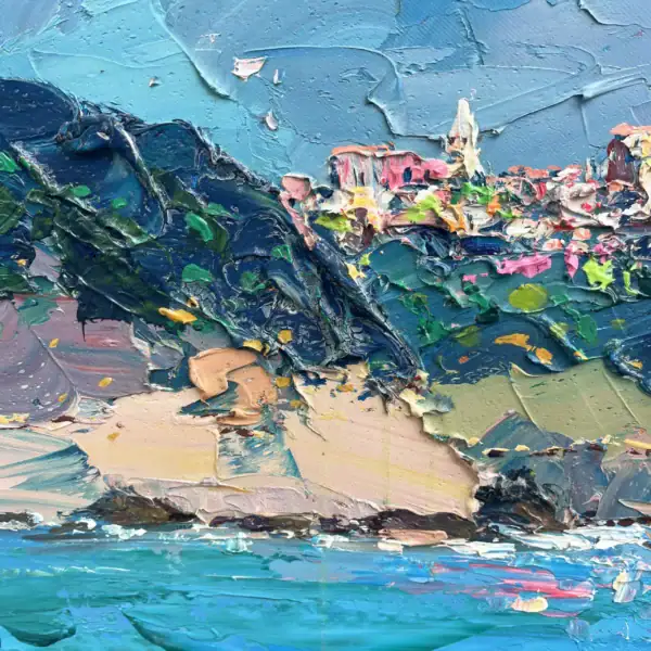 Close-up detail of the rocky cliffs and turquoise sea with heavy palette knife texture and impasto brushwork by Agostino Veroni.