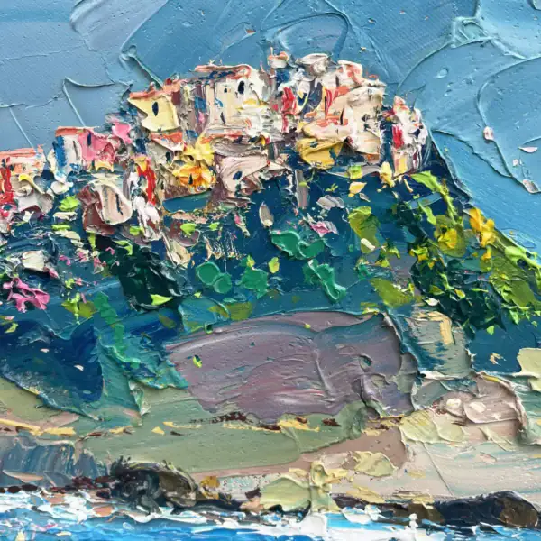 Close-up of the colorful Mediterranean houses in Corniglia village, showcasing vibrant oil colors and thick paint layers by Agostino Veroni.