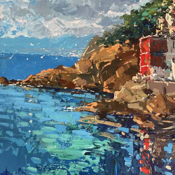 Close-up shot of the turquoise sea reflections in Riomaggiore, highlighting the energetic paint layers and heavy impasto technique.