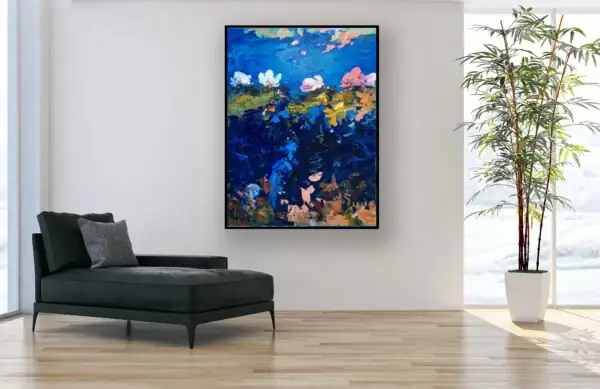 Original vertical oil painting of water lilies by Agostino Veroni, elegantly framed and hanging in a bright modern living room above a stylish black chaise longue.