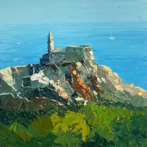 Original square oil painting of Portovenere by Agostino Veroni, showing the Church of San Pietro on a rocky cliff with a bright blue sea and textured green foreground.