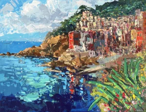 Original horizontal oil painting of Riomaggiore in Cinque Terre by Agostino Veroni, featuring colorful houses on a cliff, turquoise sea reflections, and textured green succulents with heavy impasto.