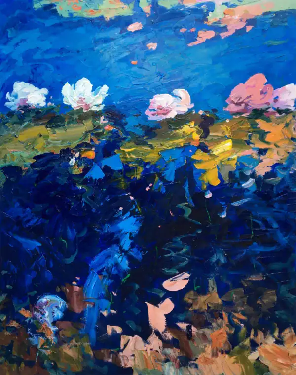 Original vertical oil painting of water lilies on a deep blue pond by Agostino Veroni, featuring white and pink flowers with heavy impasto and thick palette knife texture.