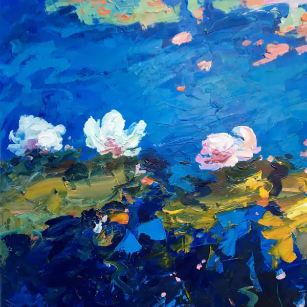 Macro view of the pink and white water lilies, showing the thick sculptural layers of oil paint and the precise palette knife work on each petal.