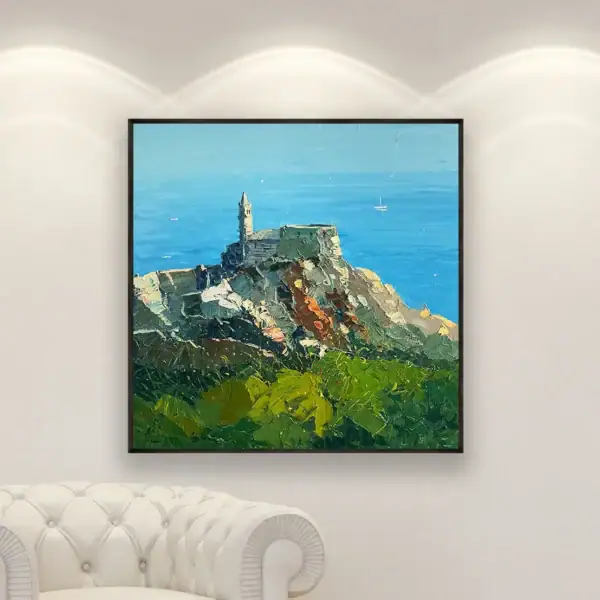 Agostino Veroni's square Portovenere painting, perfectly framed, centered on a minimalist gallery wall next to an elegant white leather armchair.