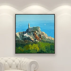 Portovenere San Pietro church above the sea oil painting on canvas displayed above a white sofa, hand-painted modern impressionist coastal artwork