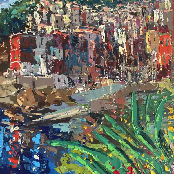 Detailed close-up of the vibrant Riomaggiore architecture, showing the thick palette knife texture and rich oil colors of the coastal village.