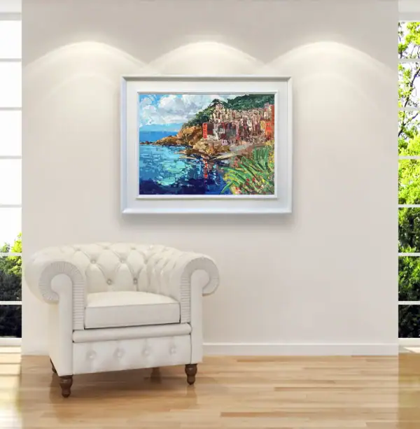 Agostino Veroni's horizontal Riomaggiore painting in a modern room setting, perfect for adding a sense of depth and Italian light to a wall.