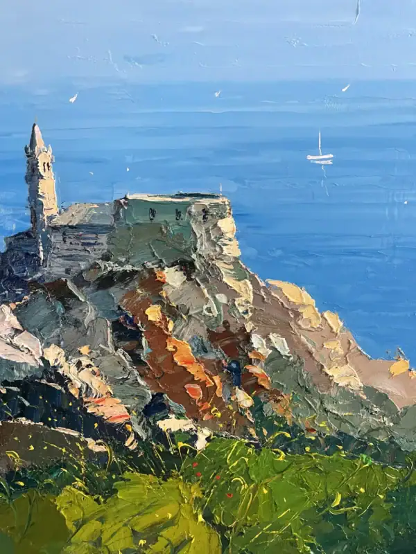 Close-up of the Church of San Pietro and the rugged rock formation, showcasing the thick, sculptural palette knife and heavy impasto technique.