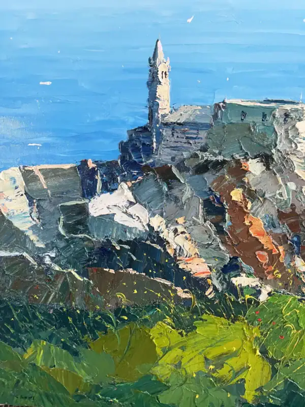 Detailed view of the ancient stone church silhouette against the bright blue sea, highlighting the rich texture of the oil paint layers.