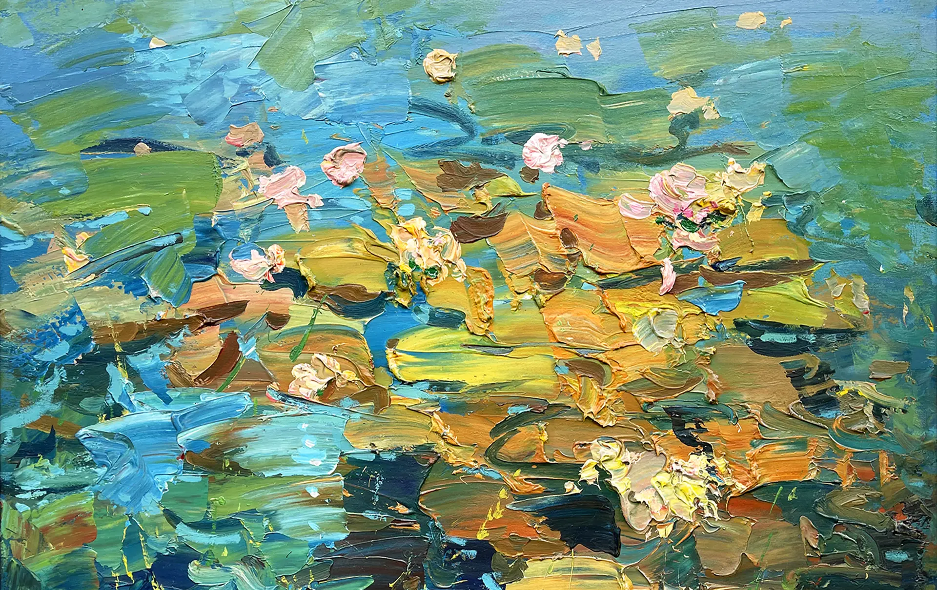 Original oil painting on canvas featuring vibrant water lilies in impasto style. Perfect floral wall art for modern interiors.