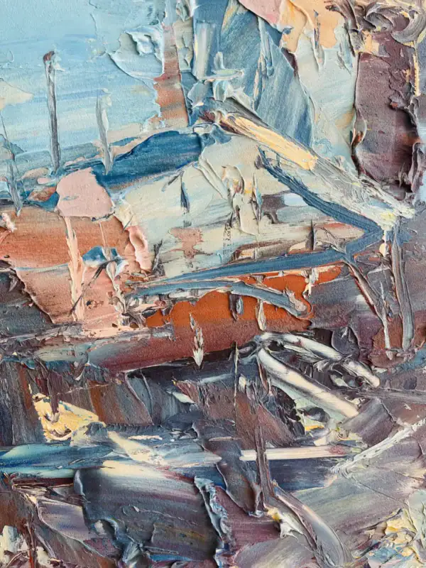 Close-up of the abstract architectural details in a Positano oil painting, highlighting the rich texture and modern impressionist style of the artist.