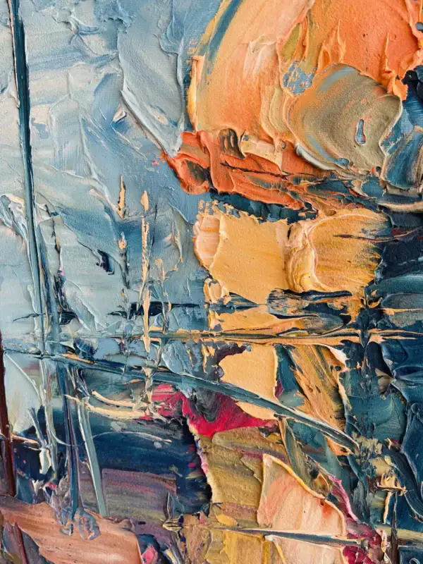 Detailed view of the vibrant blue and orange oil paint textures, showcasing the masterful palette knife technique used in this original Positano artwork.