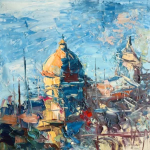 Original Positano oil painting by Agostino Veroni, featuring a highly textured, modern impressionist view of the golden church dome with thick palette knife impasto in shades of blue and gold.