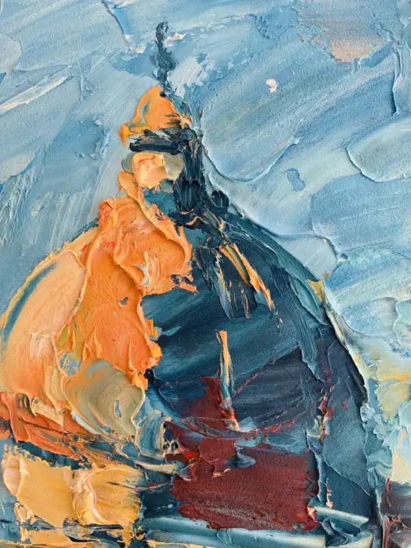 Close-up detail of the golden church dome in Agostino Veroni's painting, showing the thick, expressive palette knife layers and heavy impasto texture.