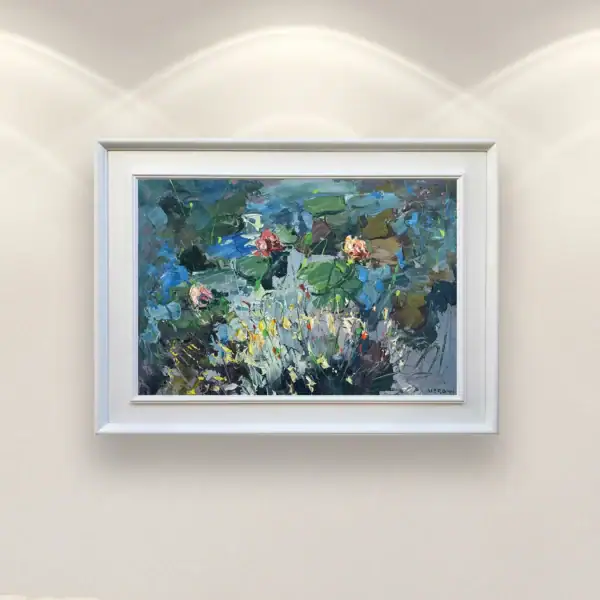 Original floral oil painting by Agostino Veroni, perfectly framed to enhance a sophisticated and modern home office or living space.