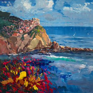 Original oil painting of Manarola in Cinque Terre by Agostino Veroni, featuring colorful houses on a cliff, a deep blue sea, and vibrant red and yellow flowers with thick palette knife texture.
