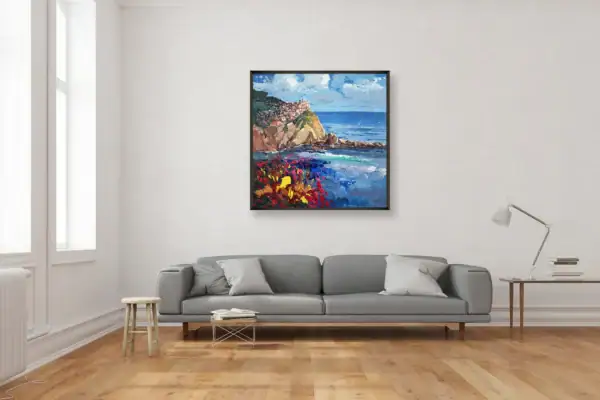 Original Italian seascape painting by Agostino Veroni in a modern room setting, adding a touch of light and coastal beauty to the wall.