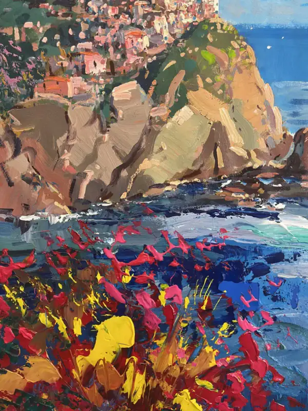 Close-up of the sun-drenched houses of Manarola perched on the cliff, showing the thick palette knife texture and vibrant oil colors.