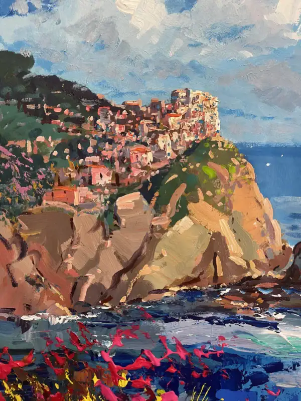 Macro shot of the bright Mediterranean flowers in the foreground, showcasing the rich texture and depth of the oil paint layers.
