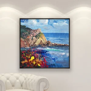 Manarola village on cliffs oil painting on canvas displayed in a bright interior, hand-painted modern impressionist coastal artwork