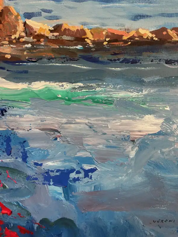 Detailed view of the turquoise sea water, highlighting the energetic palette knife strokes and the sculptural quality of the heavy impasto.