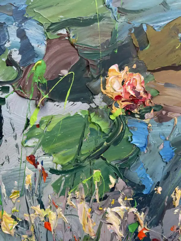 Macro shot of the deep green and blue oil paint layers, highlighting the sculptural quality of Agostino Veroni's palette knife technique.