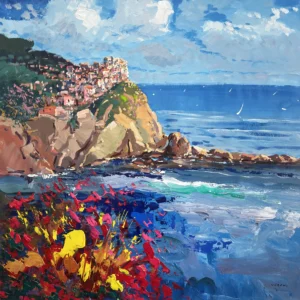 Original vertical oil painting of Manarola in Cinque Terre by Agostino Veroni, featuring colorful houses on a cliff, a deep blue sea, and vibrant red and yellow flowers with thick palette knife texture.