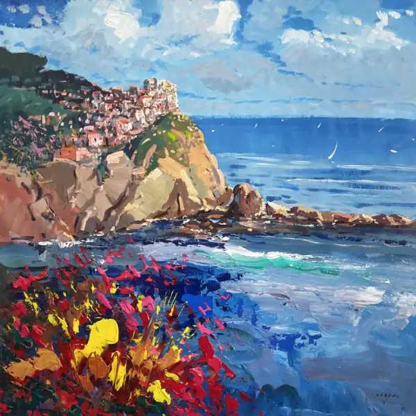 Original vertical oil painting of Manarola in Cinque Terre by Agostino Veroni, featuring colorful houses on a cliff, a deep blue sea, and vibrant red and yellow flowers with thick palette knife texture.
