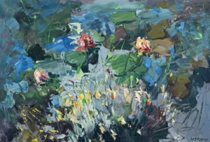 Original horizontal oil painting of water lilies by Agostino Veroni, featuring vibrant red and yellow flowers on a blue and green textured pond with heavy palette knife impasto.