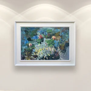 Impressionist water lilies oil painting on canvas displayed in an elegant interior, horizontal floral artwork with balanced composition and soft impressionist colors.