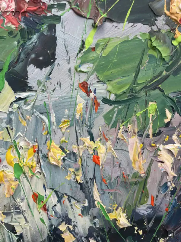 Detailed view of bright yellow water lilies and energetic strokes representing the shimmering surface of the pond.