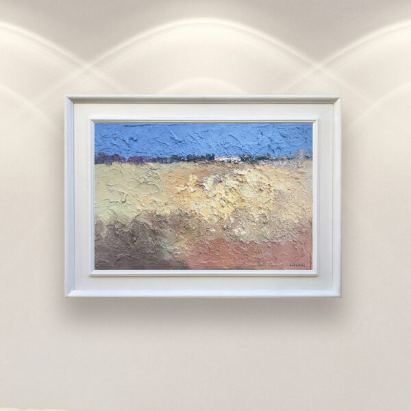 Framed abstract landscape oil painting on canvas by Veroni. Modern earth artwork with heavy impasto palette knife texture, displayed in a white frame on a light wall under gallery lighting.
