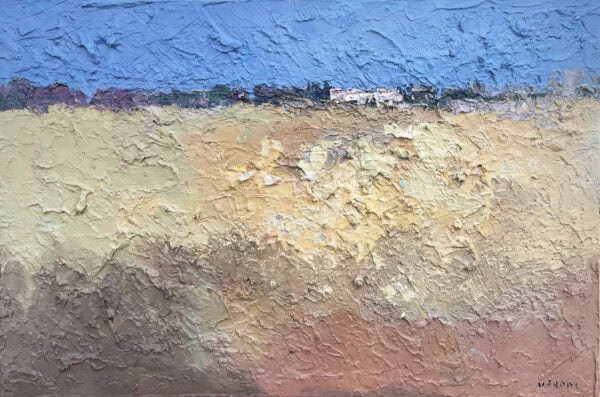 Abstract landscape oil painting on canvas by Agostino Veroni. Modern earth artwork crafted with heavy palette knife impasto, featuring warm ochre, terracotta fields, and a light blue sky.